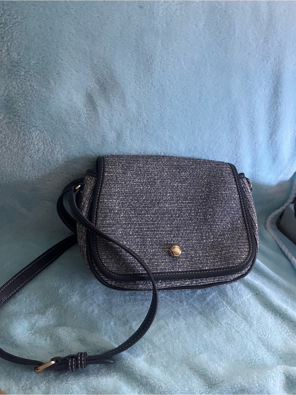 Gray Woven Crossbody with Gold Snap and Black Trim
